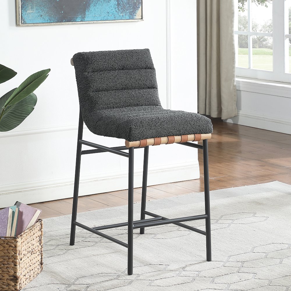 Boucle Fabric Counter Height Chair with Metal Base in Dark Gray. Picture 2