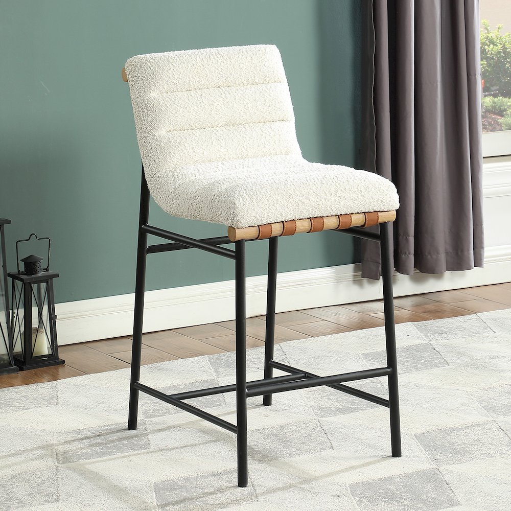 Boucle Fabric Counter Height Chair with Metal Base in White. Picture 2