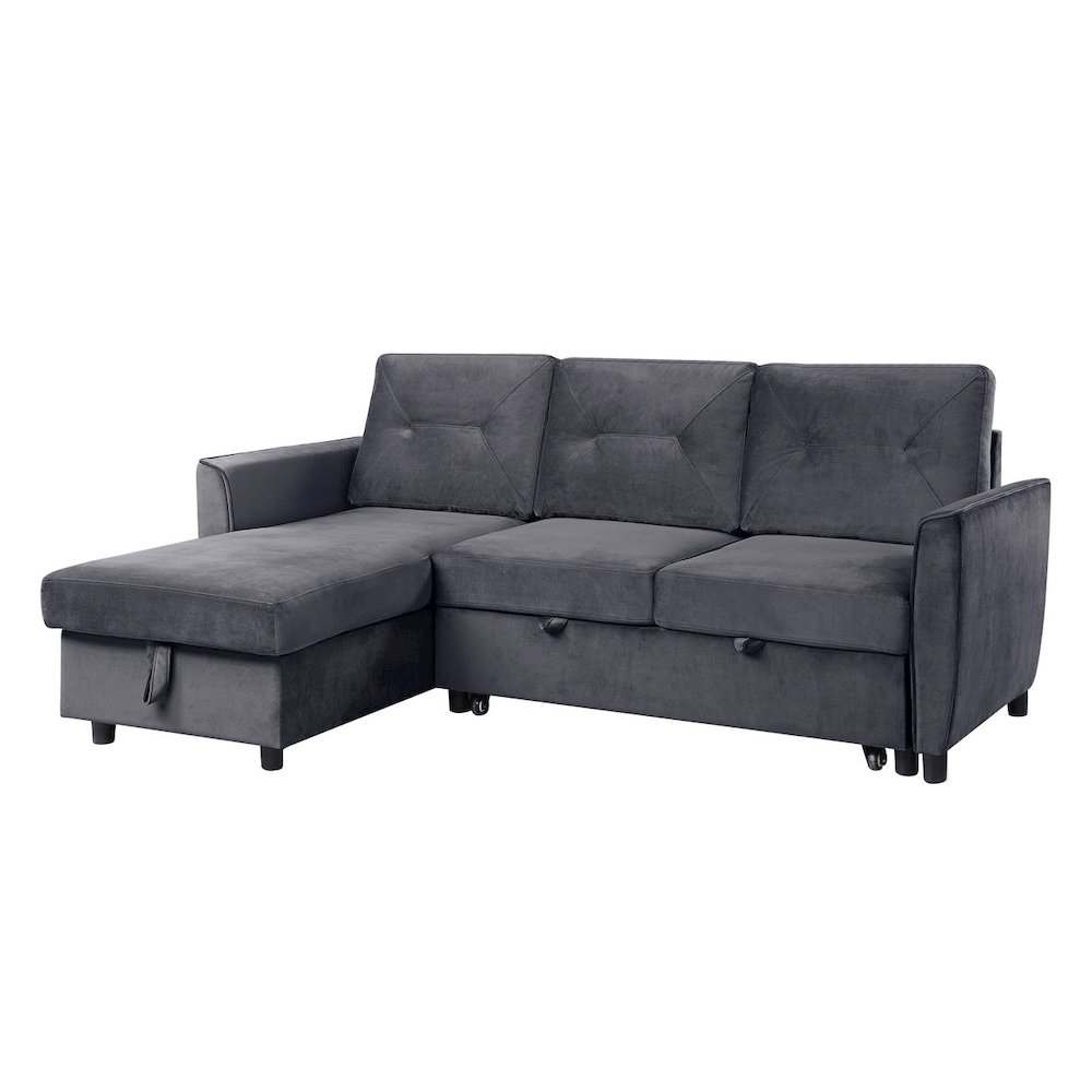 Velvet Reversible Sleeper Sectional Sofa with Storage Chaise in Dark Gray. Picture 1