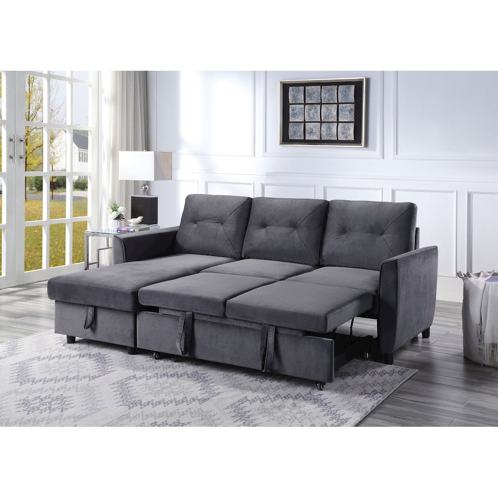 Velvet Reversible Sleeper Sectional Sofa with Storage Chaise in Dark Gray. Picture 2