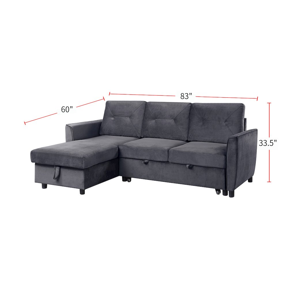 Velvet Reversible Sleeper Sectional Sofa with Storage Chaise in Dark Gray. Picture 3
