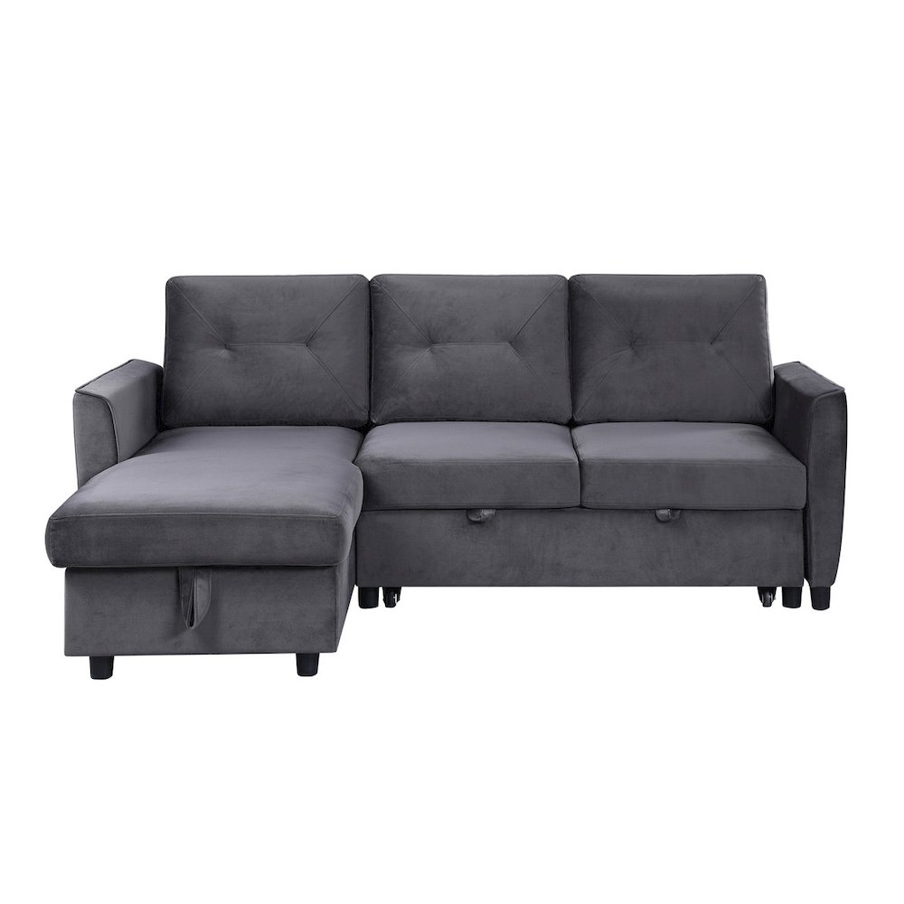 Velvet Reversible Sleeper Sectional Sofa with Storage Chaise in Dark Gray. Picture 4