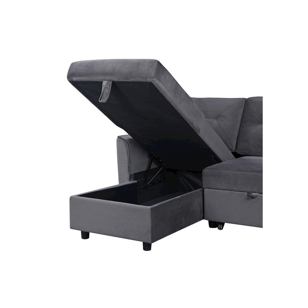 Velvet Reversible Sleeper Sectional Sofa with Storage Chaise in Dark Gray. Picture 5