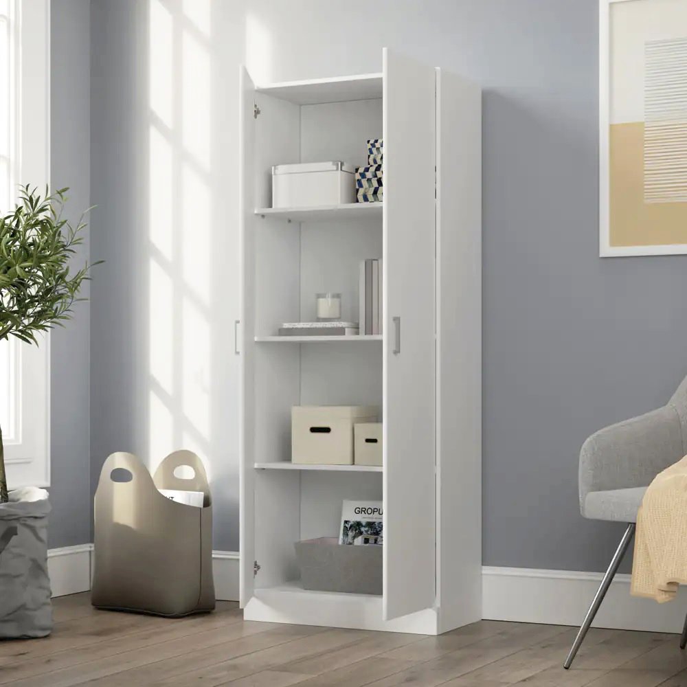 Modern Double Door Storage Cabinet with Metal Handles in White. Picture 5