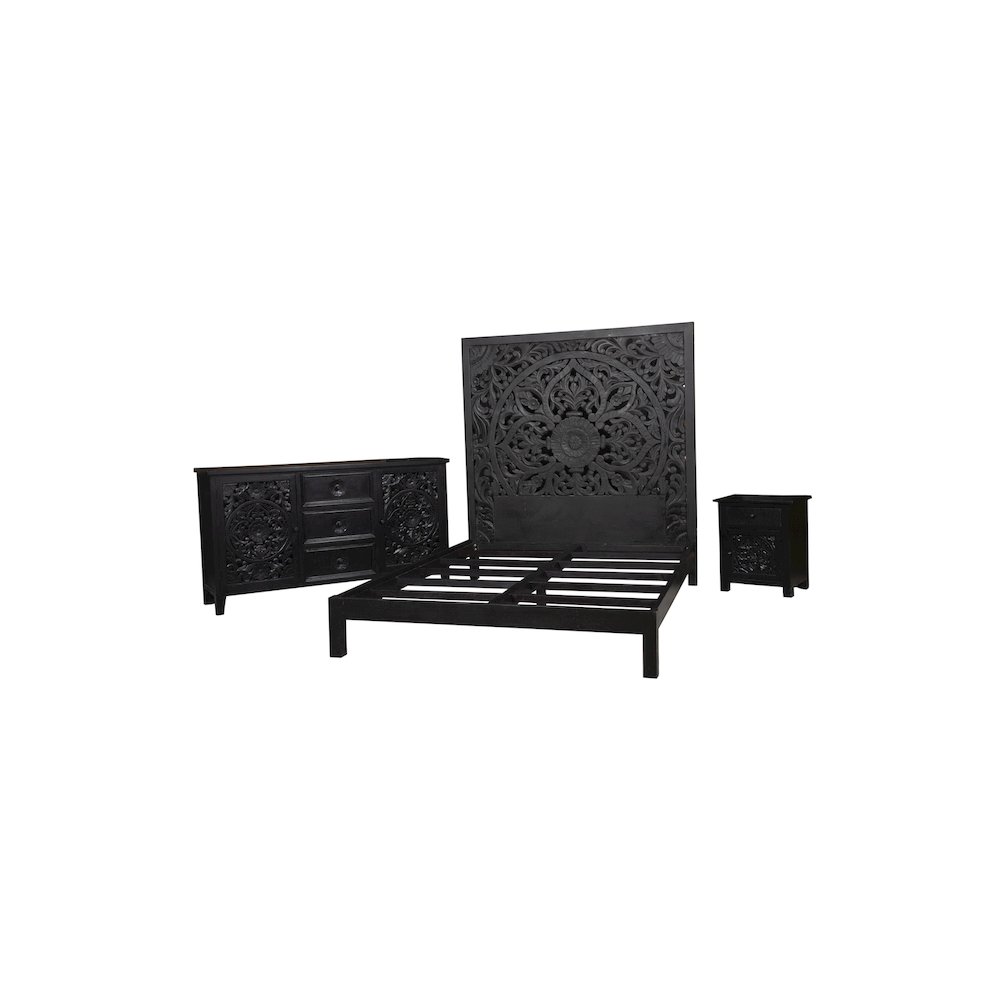 Porter Designs Bali Solid Hand Carved Wood Queen Bed, Black. Picture 7
