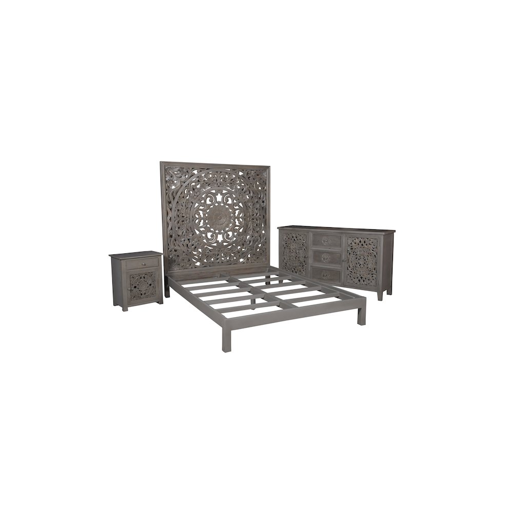 Porter Designs Mandala Hand Carved Motif Queen Bed, Gray. Picture 4