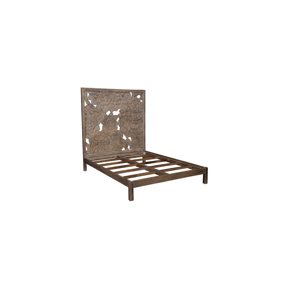 Porter Designs Dahlia Hand Carved Motif Queen Bed, Brown. Picture 1
