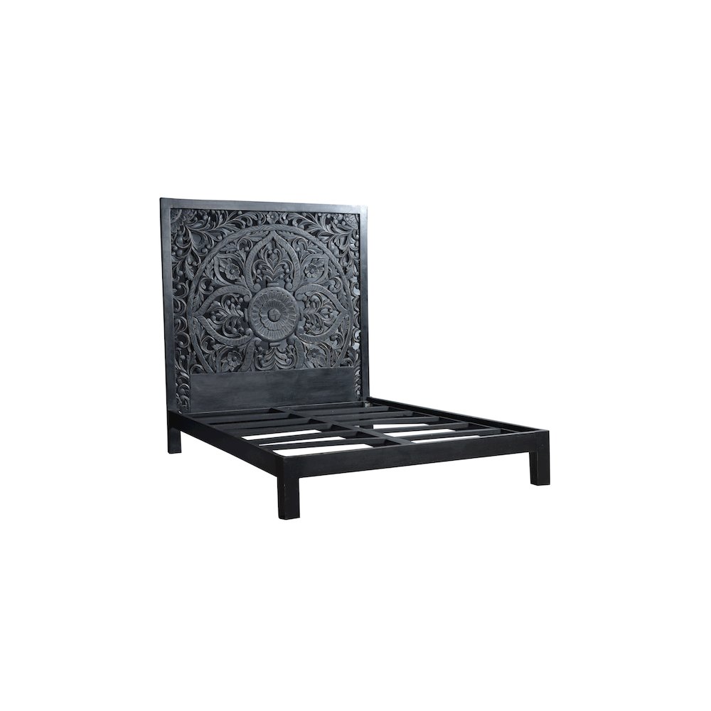 Porter Designs Bali Solid Hand Carved Wood Queen Bed, Black. Picture 5