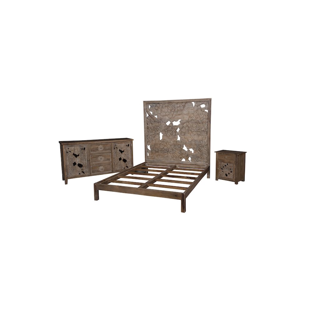 Porter Designs Dahlia Hand Carved Motif Queen Bed, Brown. Picture 4