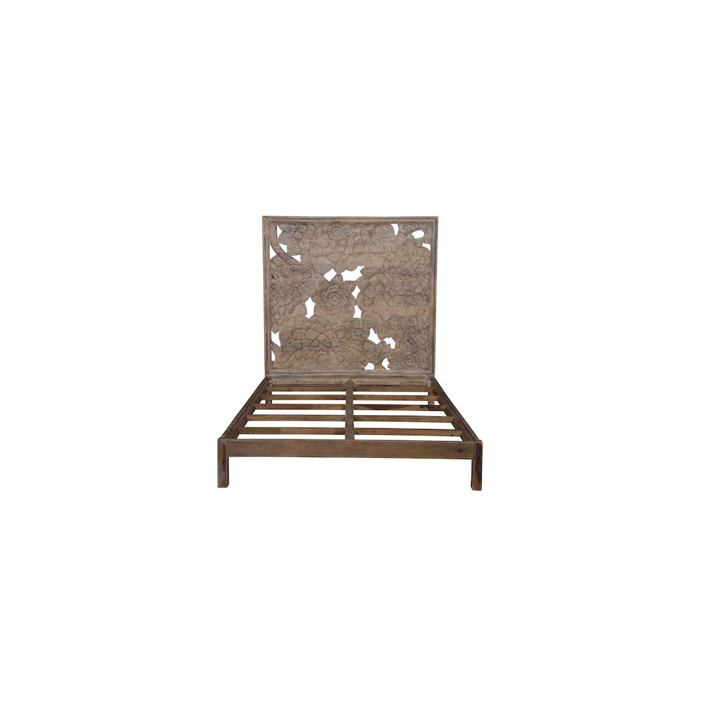 Porter Designs Dahlia Hand Carved Motif Queen Bed, Brown. Picture 2