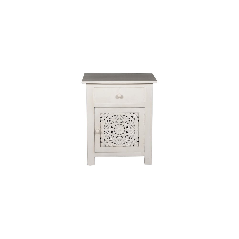 Porter Designs Bali Solid Hand Carved Wood Nightstand, White. Picture 2
