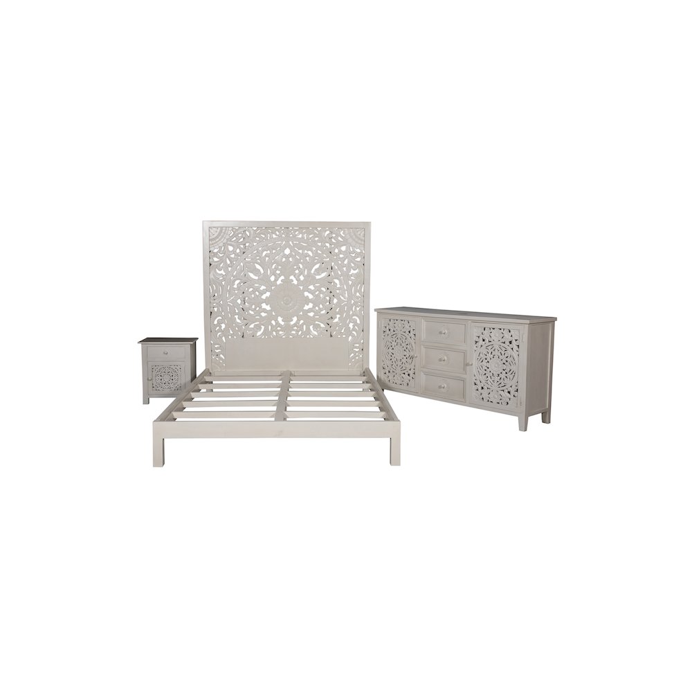 Porter Designs Bali Solid Hand Carved Wood Nightstand, White. Picture 6