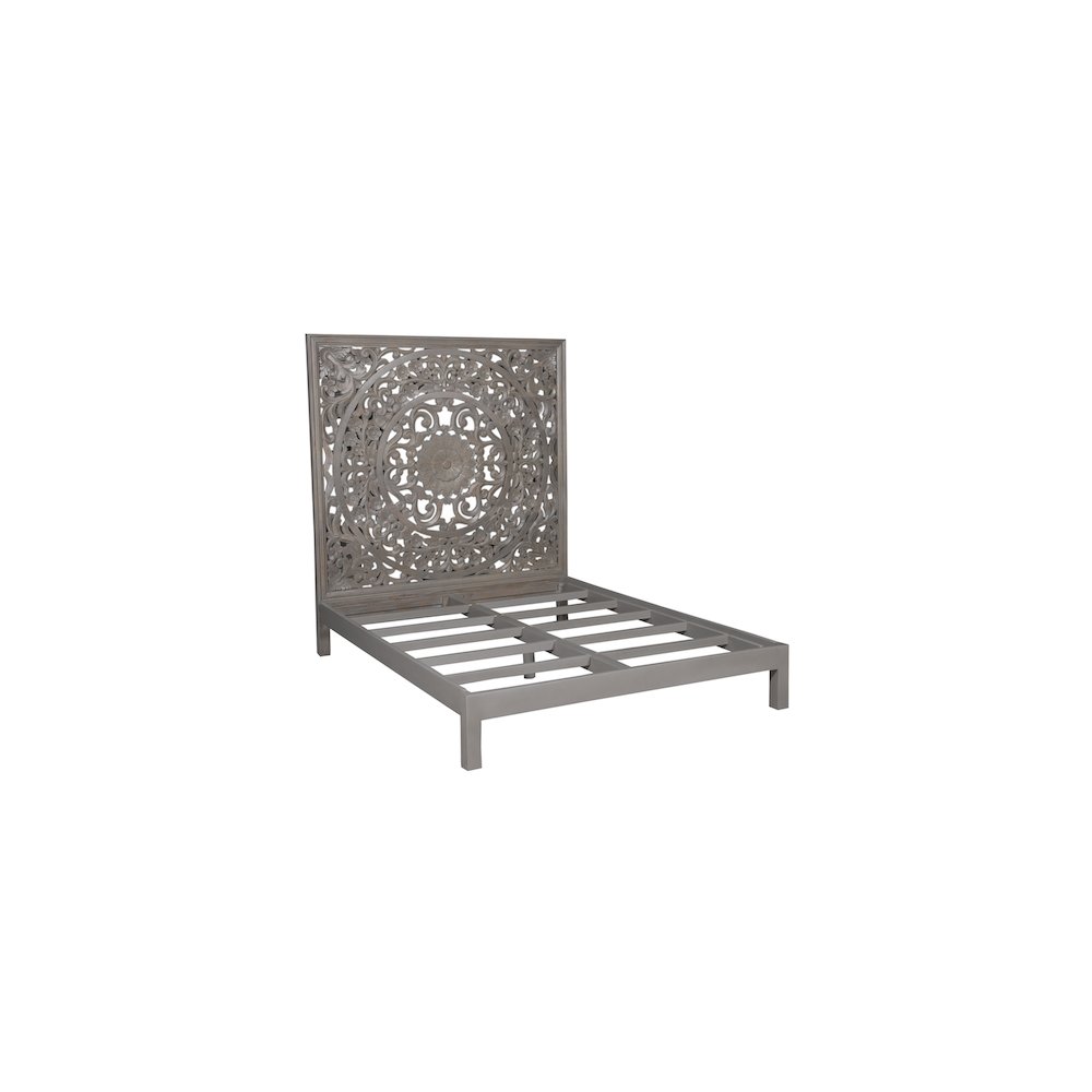 Porter Designs Mandala Hand Carved Motif Queen Bed, Gray. Picture 1