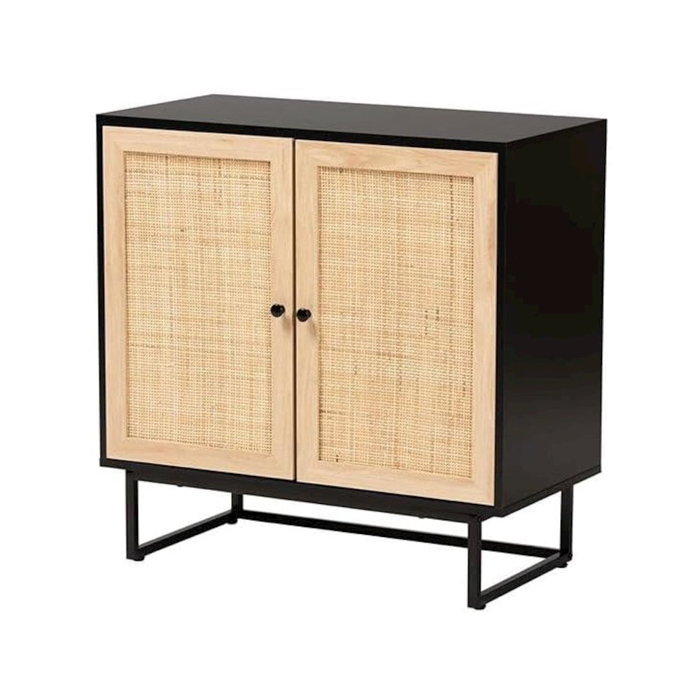 Wood And Rattan 2-Door Storage Cabinet With Mid-Century Style. Picture 1
