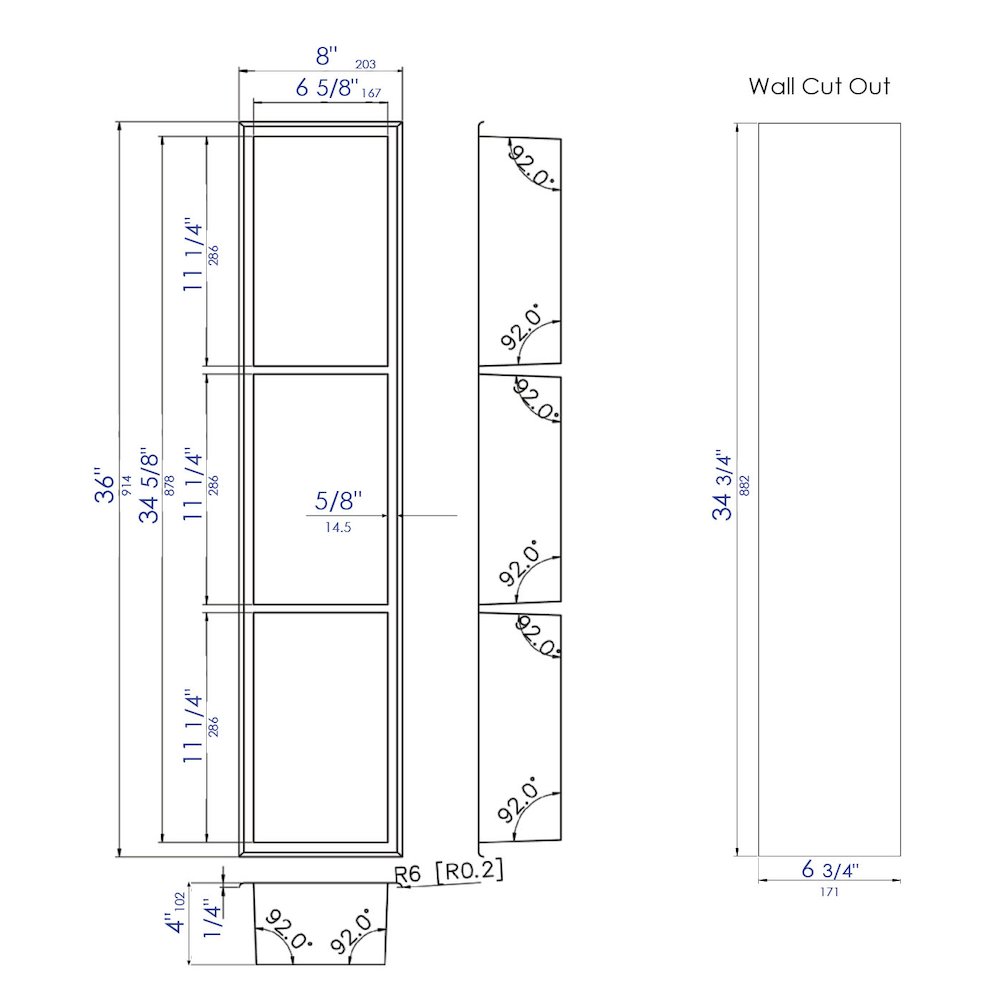 8" x 36" Brushed Black PVD Stainless Steel Vertical Triple Shelf Shower Niche. Picture 9