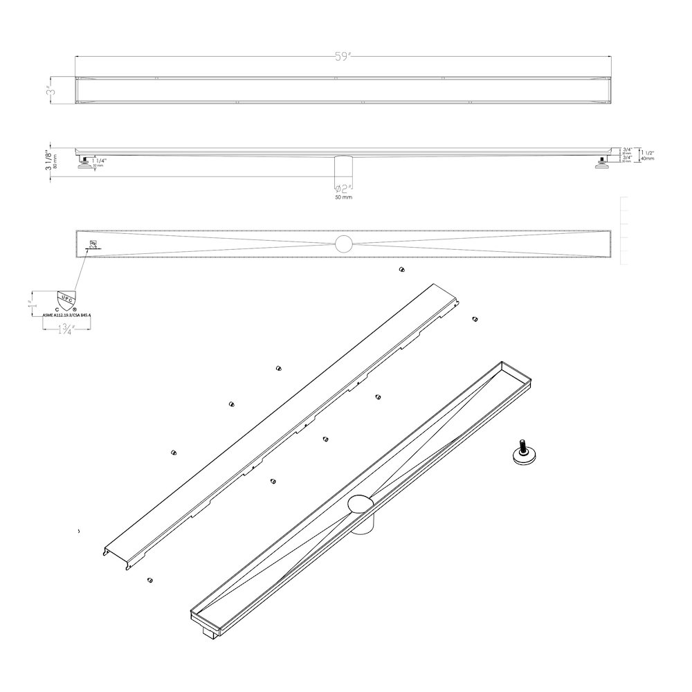 59" Brushed Stainless Steel Linear Shower Drain with Solid Cover. Picture 8