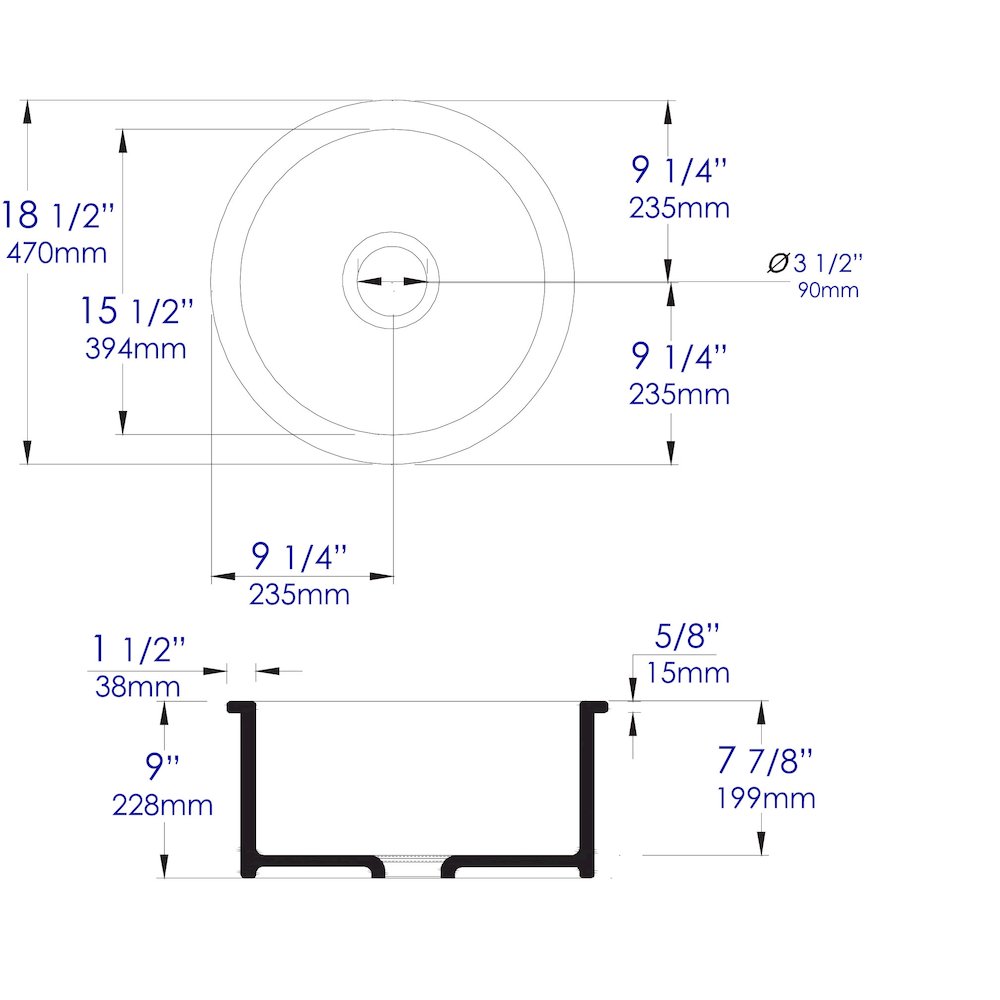 Gray Matte Round 18" x 18" Undermount / Drop In Fireclay Prep Sink. Picture 10