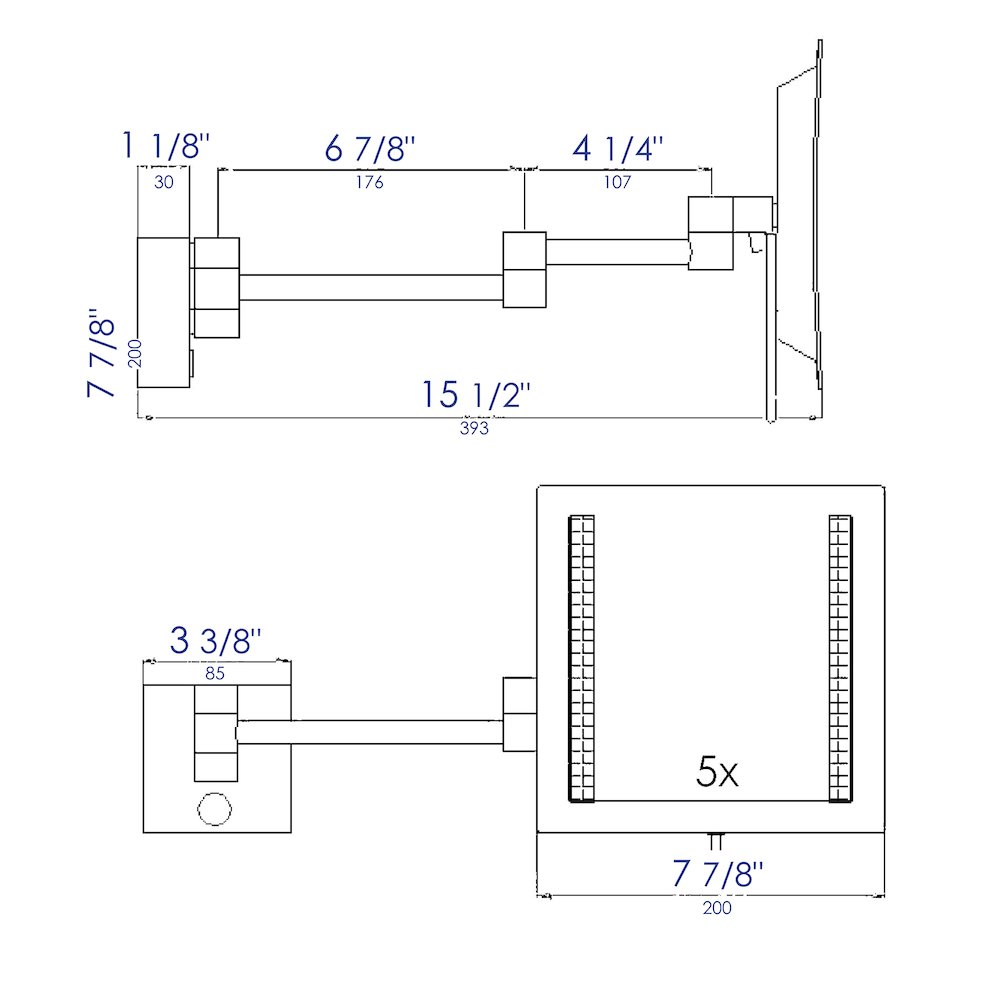 Polished Chrome Wall Mount Square 8" 5x Magnifying Cosmetic Mirror with Light. Picture 9