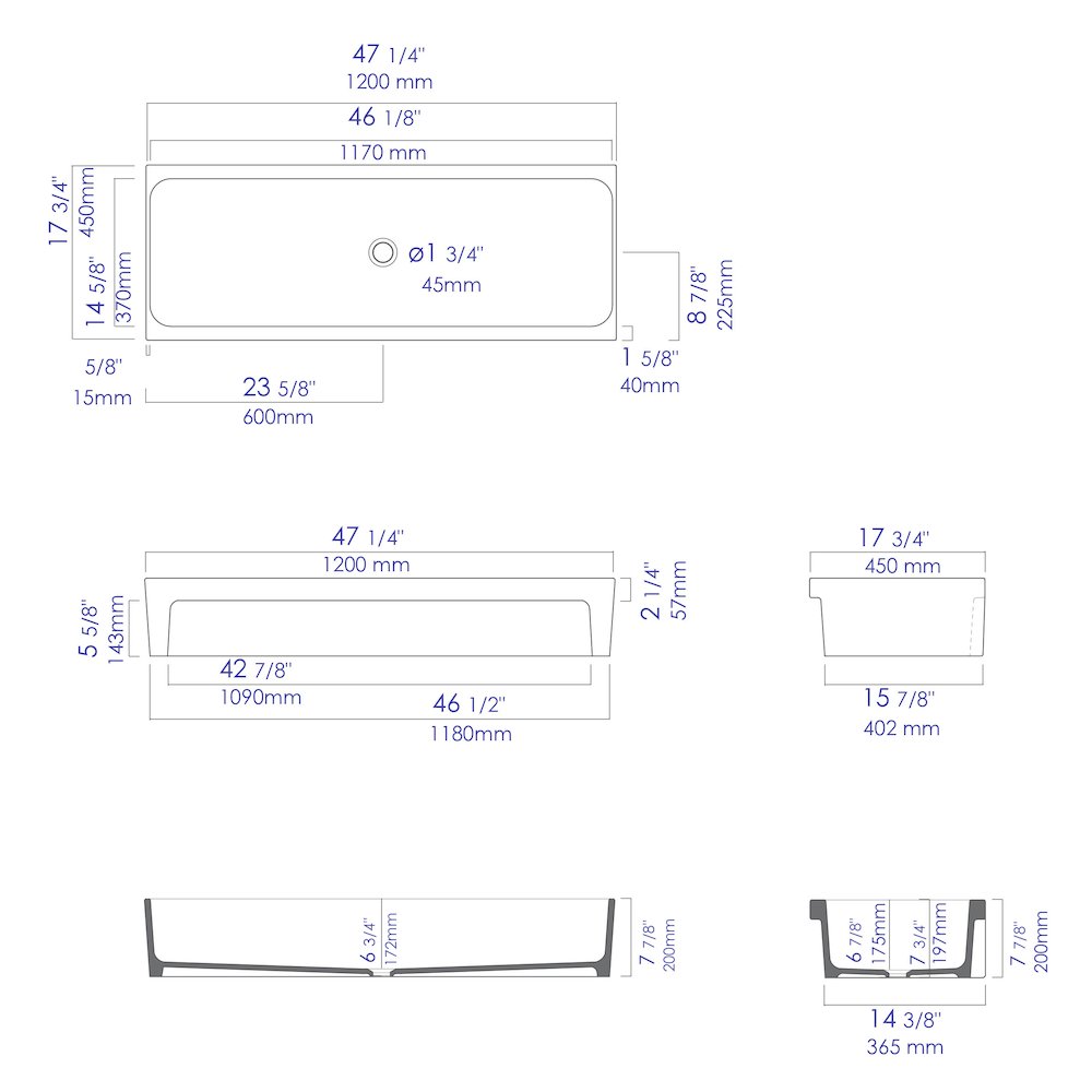 48" Grey Matte Above Mount Fireclay Bathroom Trough Sink. Picture 10
