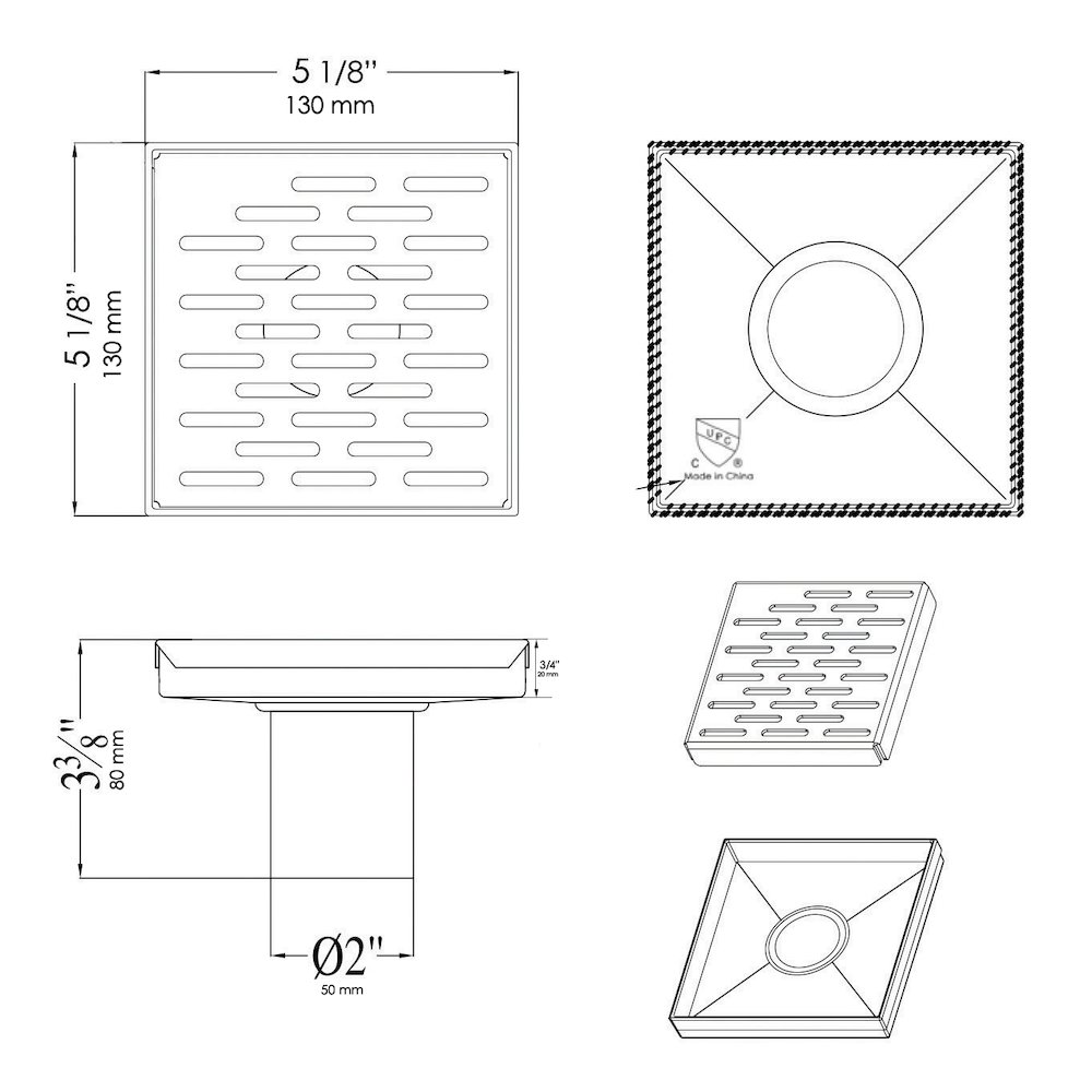 ABSD55C 5" x 5" Modern Square Stainless Steel Shower Drain with Groove Holes. Picture 7