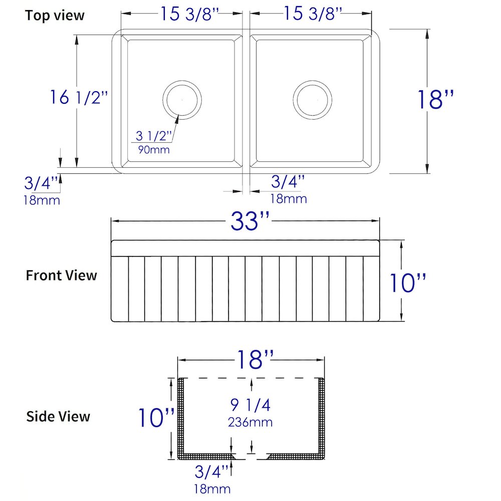 Gray Matte Smooth Apron 33" x 18" Double Bowl Fireclay Farm Sink. Picture 9