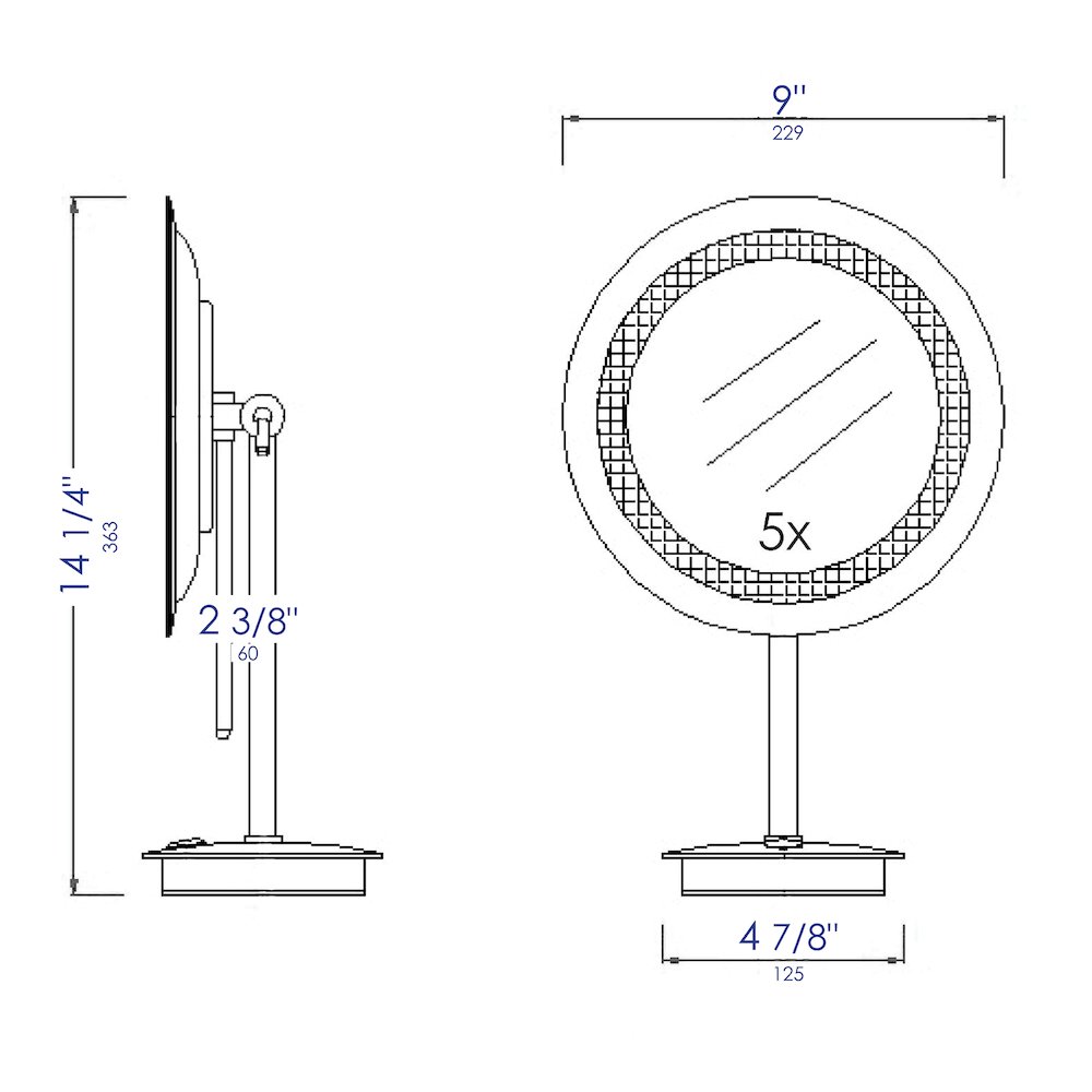 Polished Chrome Tabletop Round 9" 5x Magnifying Cosmetic Mirror with Light. Picture 9