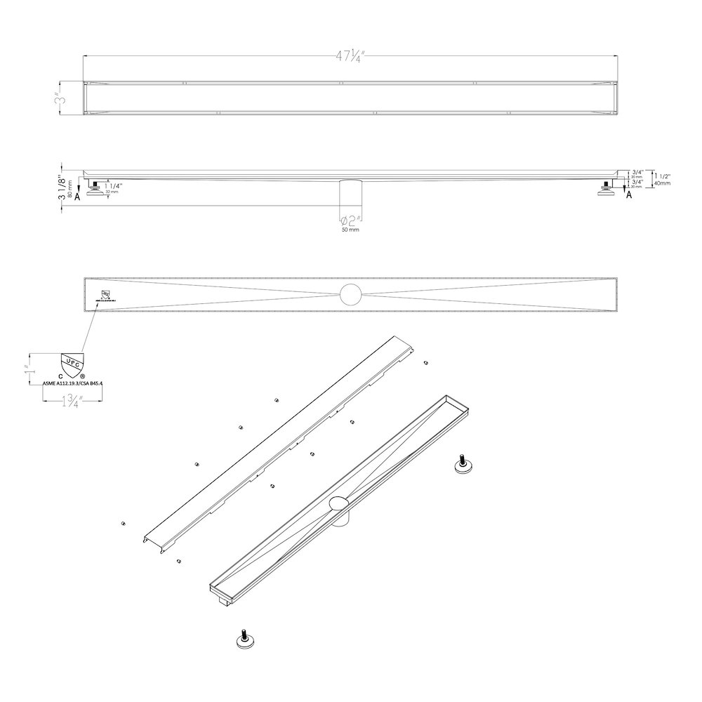 47" Polished Stainless Steel Linear Shower Drain with Solid Cover. Picture 8