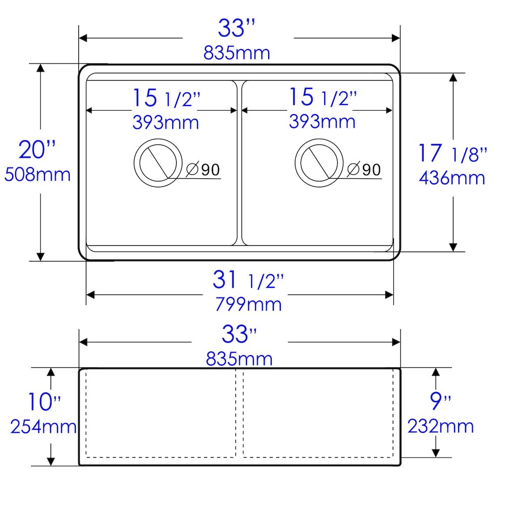 White 33" x 20" Workstation Double Bowl Step Rim Fireclay Farm Sink. Picture 10