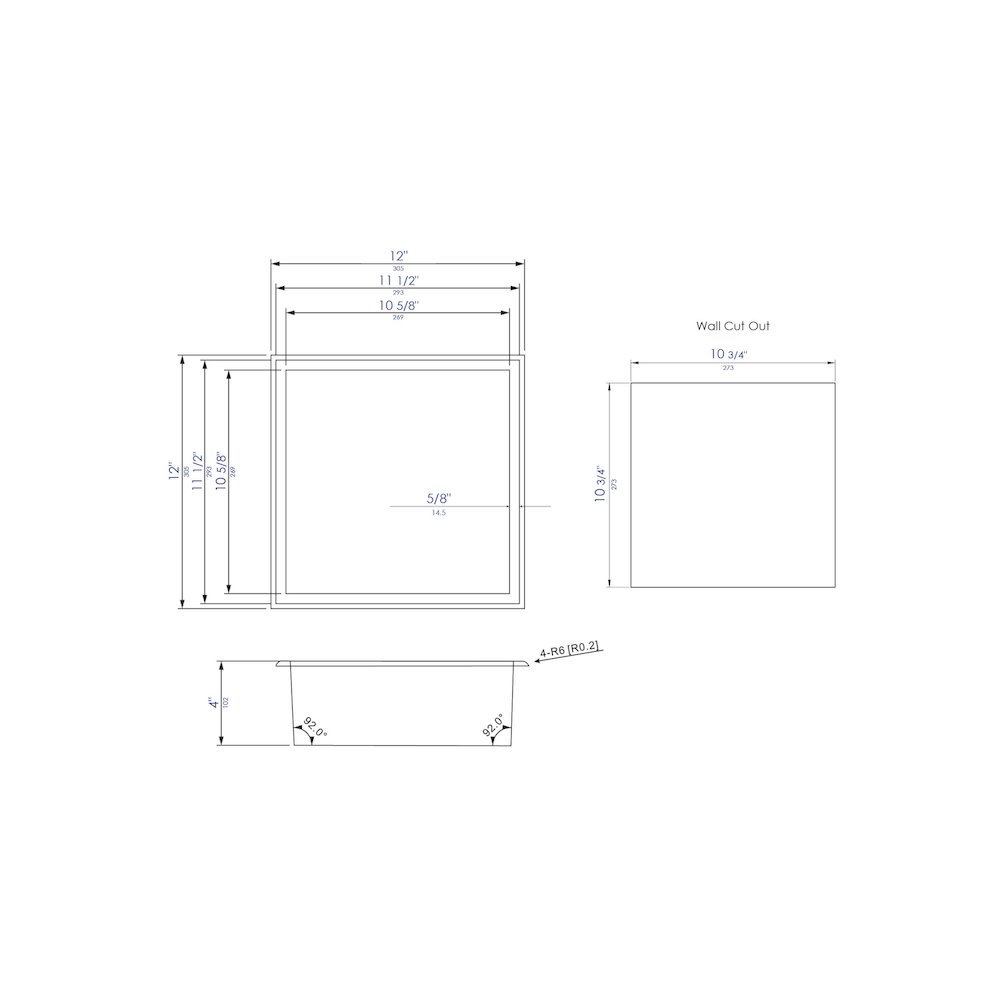 12" x 12" Brushed Gold PVD Stainless Steel Square Single Shelf Shower Niche. Picture 8