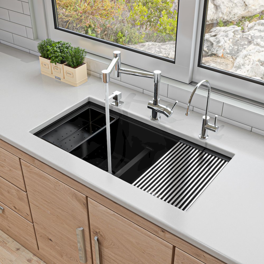 Black 33" Granite Composite Workstation Step Rim Double Bowl Undermount Sink. Picture 2