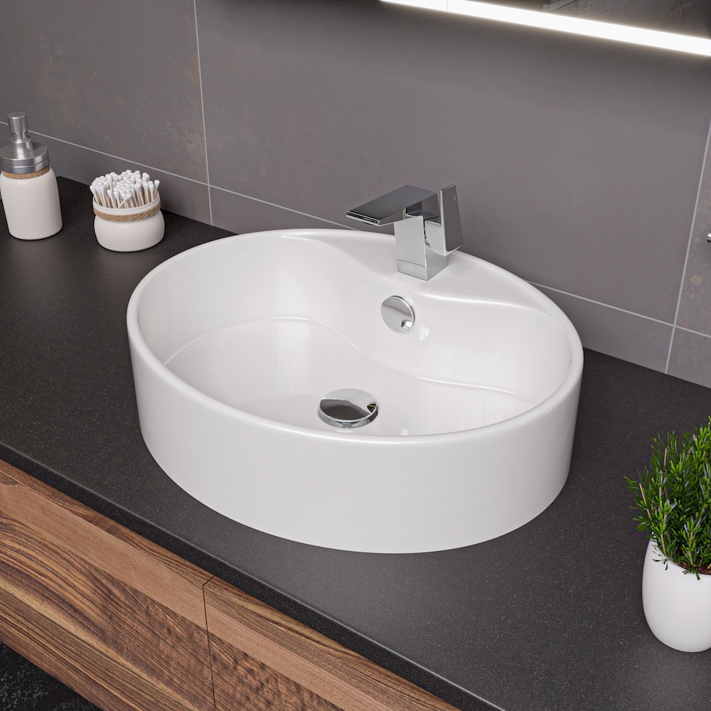 White 22" Oval Above Mount Ceramic Sink with Faucet Hole. Picture 2