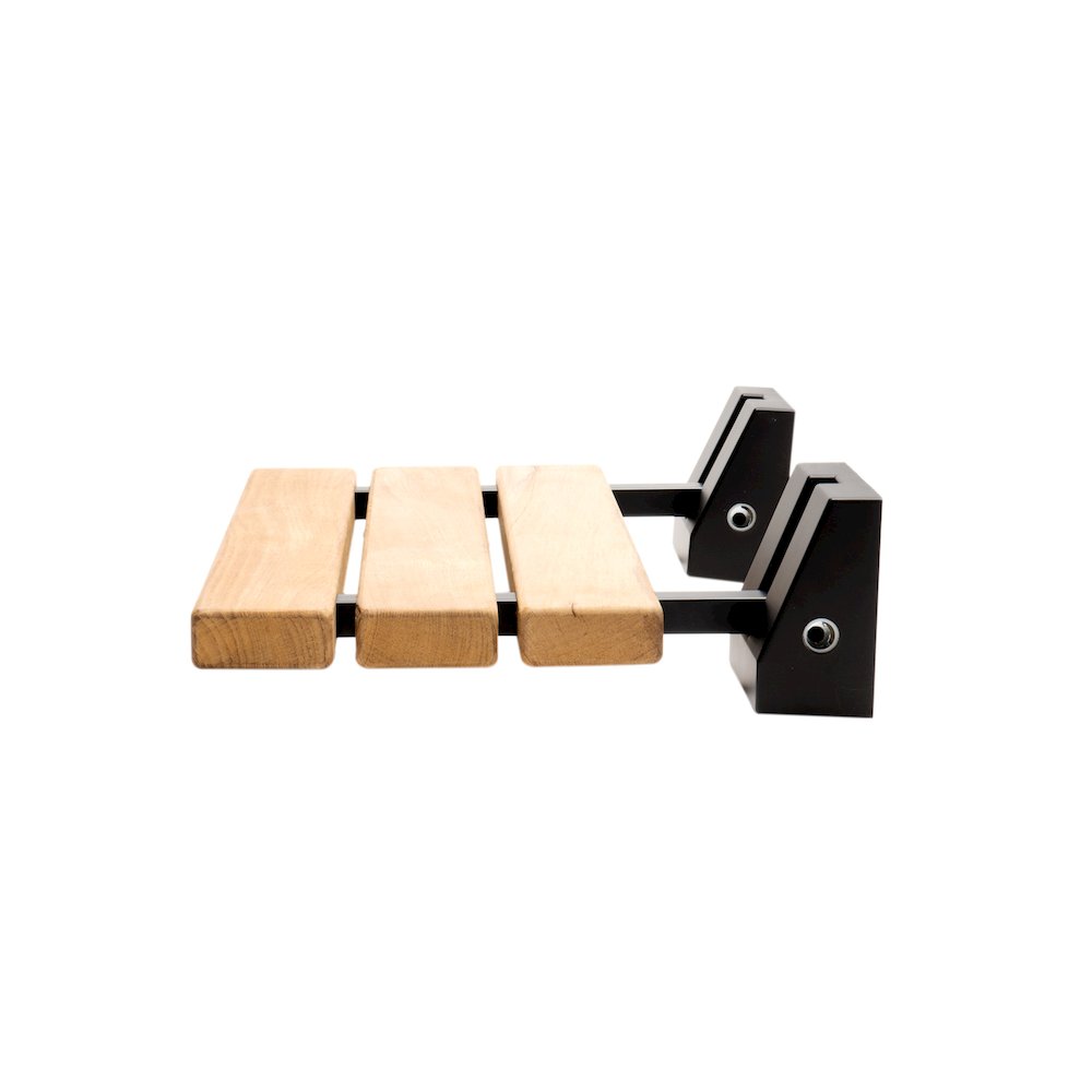 Black Matte 16" Wide Foldable Teak Shower Seat with Square Hardware. Picture 6