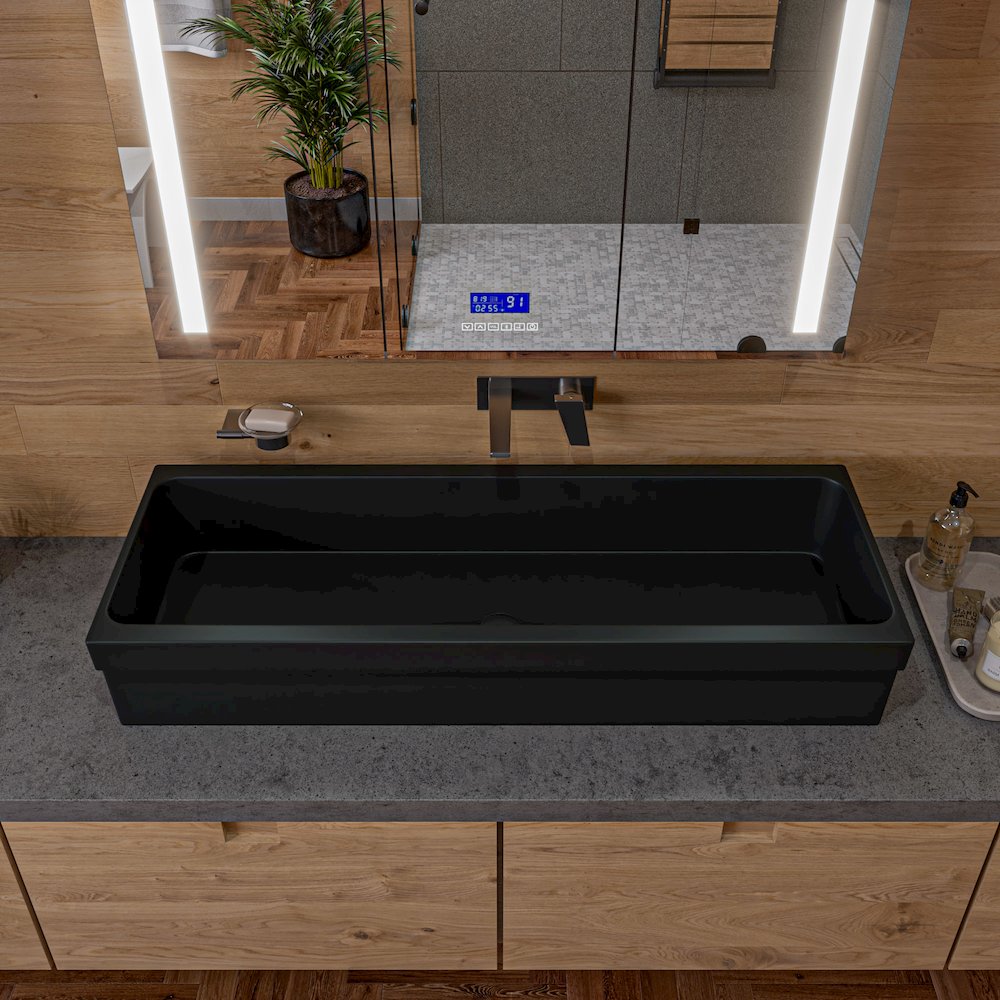 48" Black Matte Above Mount Fireclay Bathroom Trough Sink. Picture 5