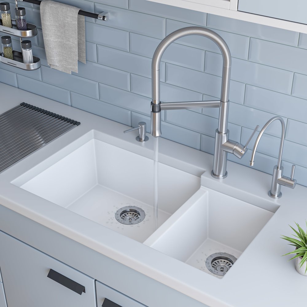White 34" Double Bowl Undermount Granite Composite Kitchen Sink. Picture 2