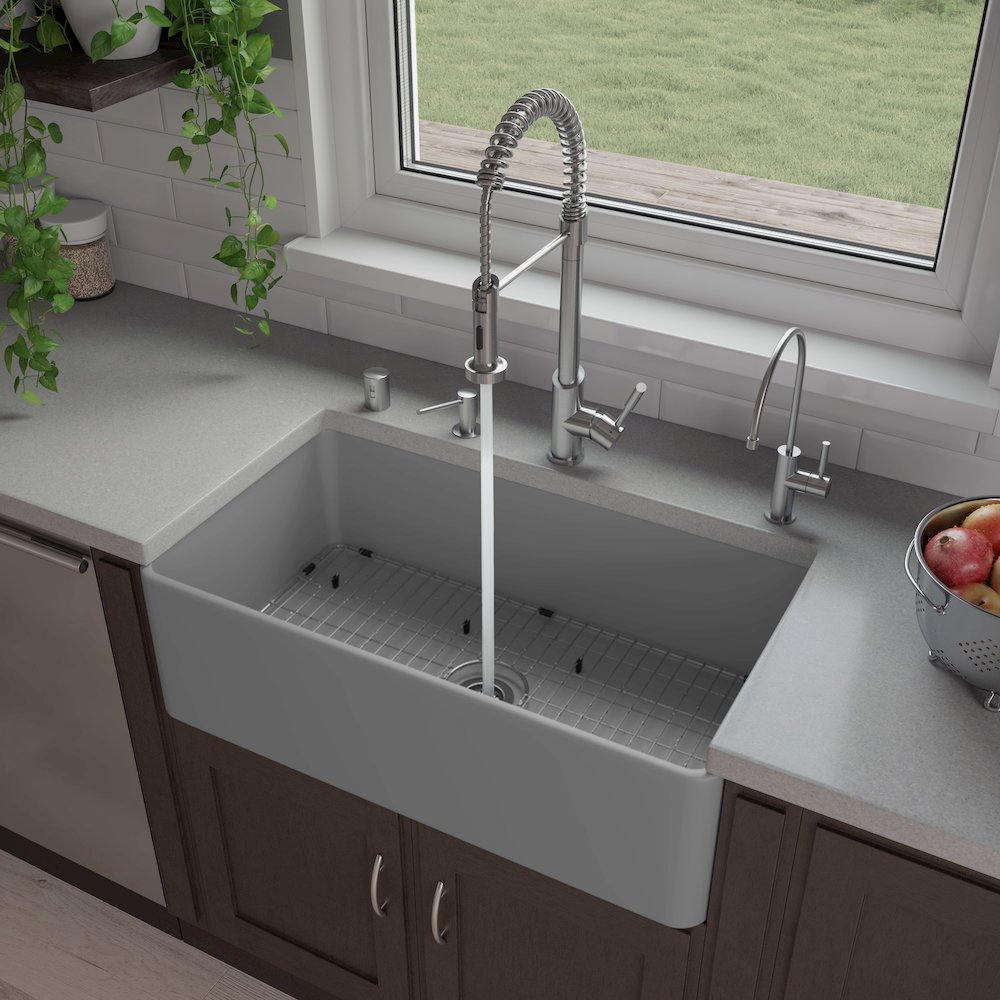 Gray Matte Smooth Apron 33" x 18" Single Bowl Fireclay Farm Sink. Picture 2