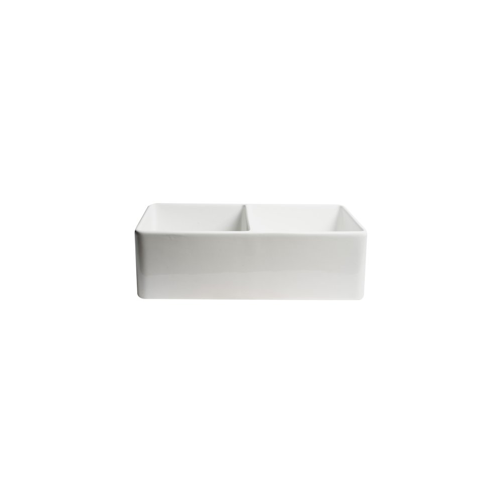 White Smooth Apron 33" x 18" Double Bowl Fireclay Farm Sink. Picture 7