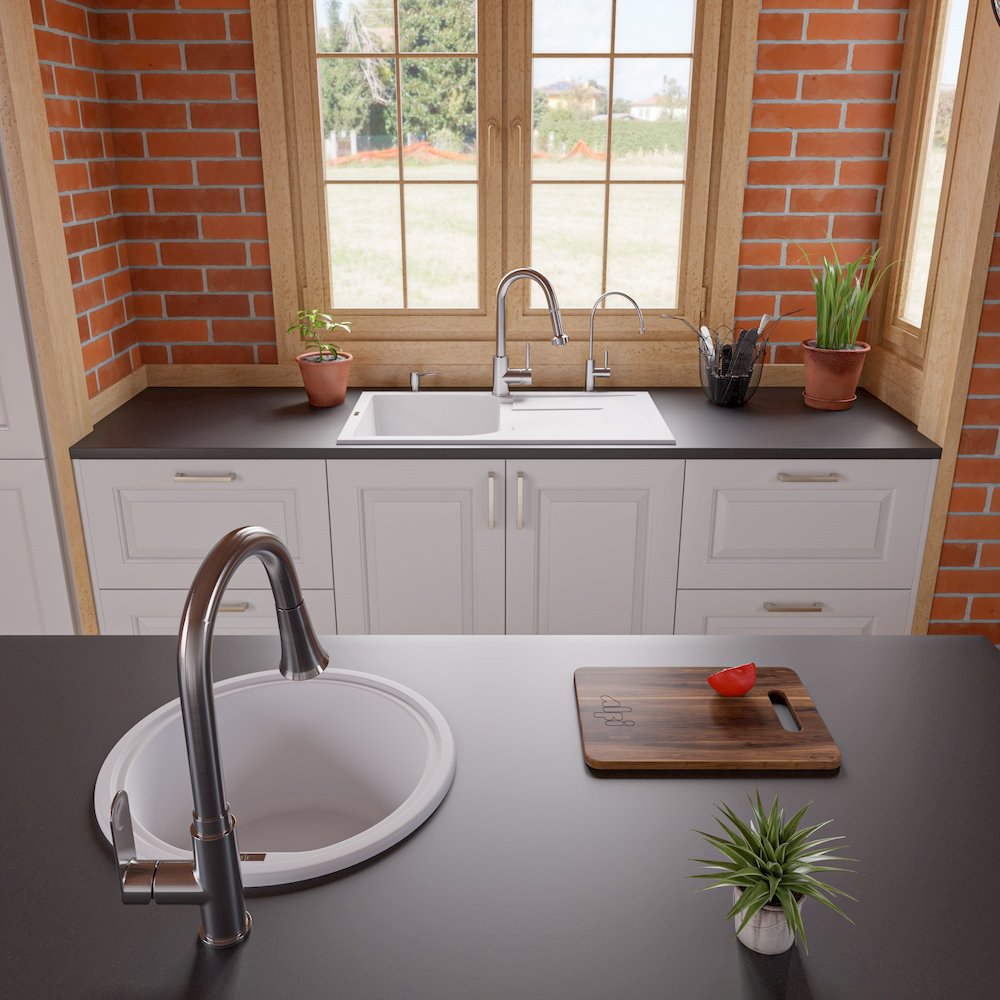 White 34" Single Bowl Granite Composite Kitchen Sink with Drainboard. Picture 7