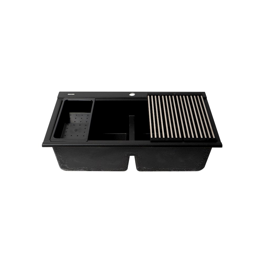 Black 33" Granite Composite Workstation Step Rim Double Bowl Drop In Sink. Picture 4