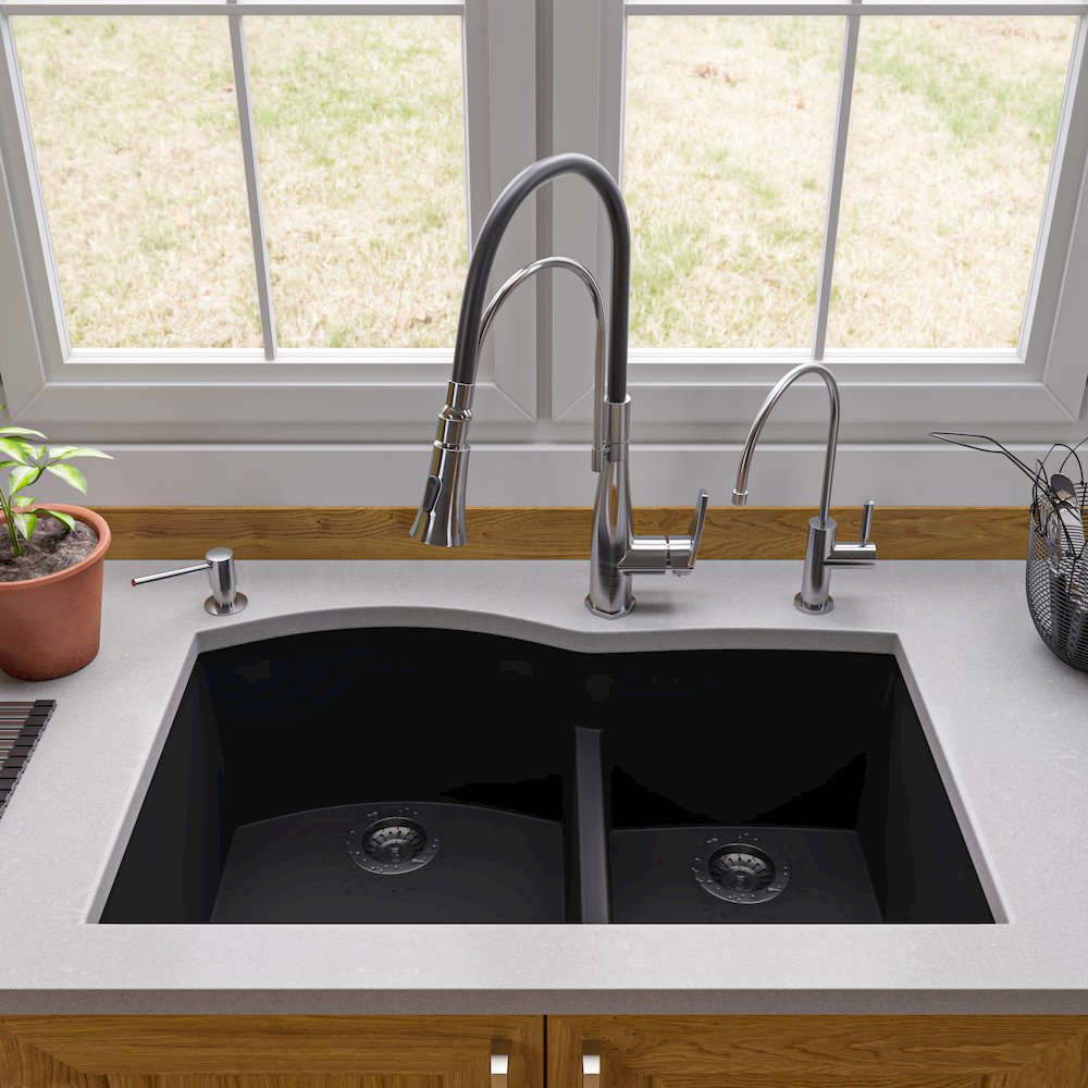 Black 33" Double Bowl Undermount Granite Composite Kitchen Sink. Picture 6