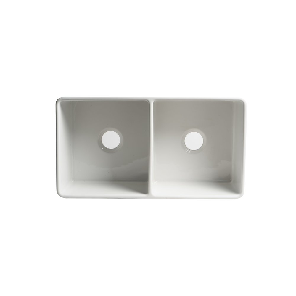 White Smooth Apron 33" x 18" Double Bowl Fireclay Farm Sink. Picture 8