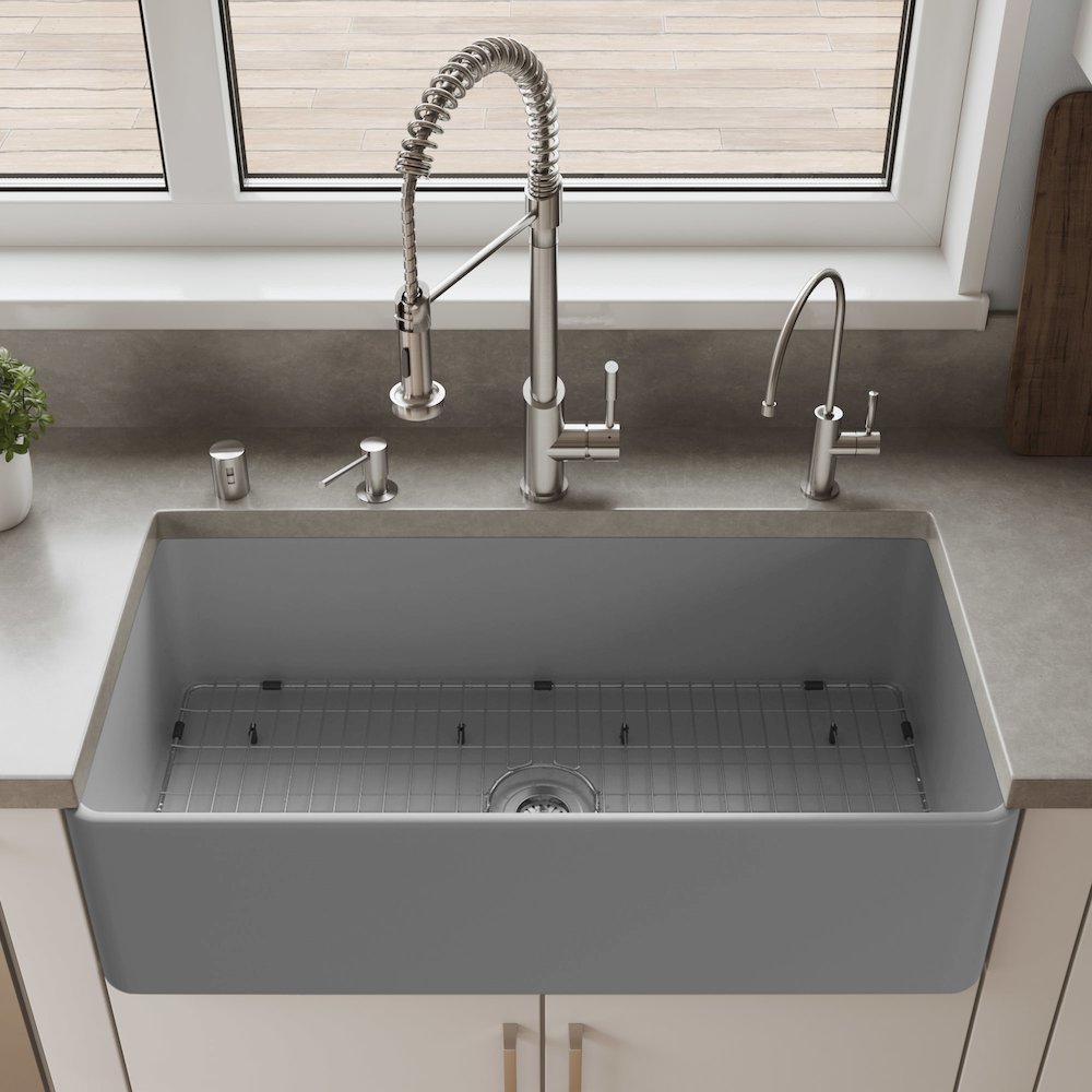 Gray Matte Smooth Apron 36" x 18" Single Bowl Fireclay Farm Sink. Picture 3