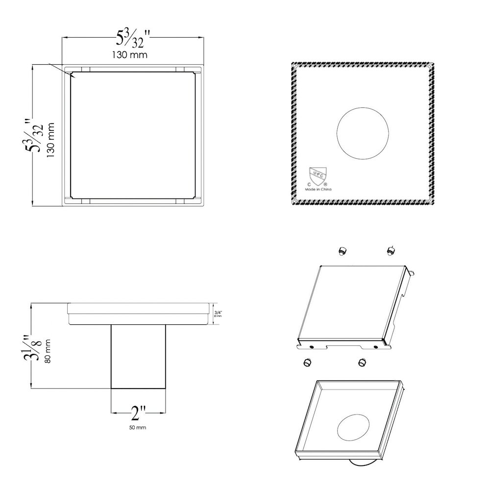 5" x 5" Black Matte Square Stainless Steel Shower Drain with Solid Cover. Picture 7