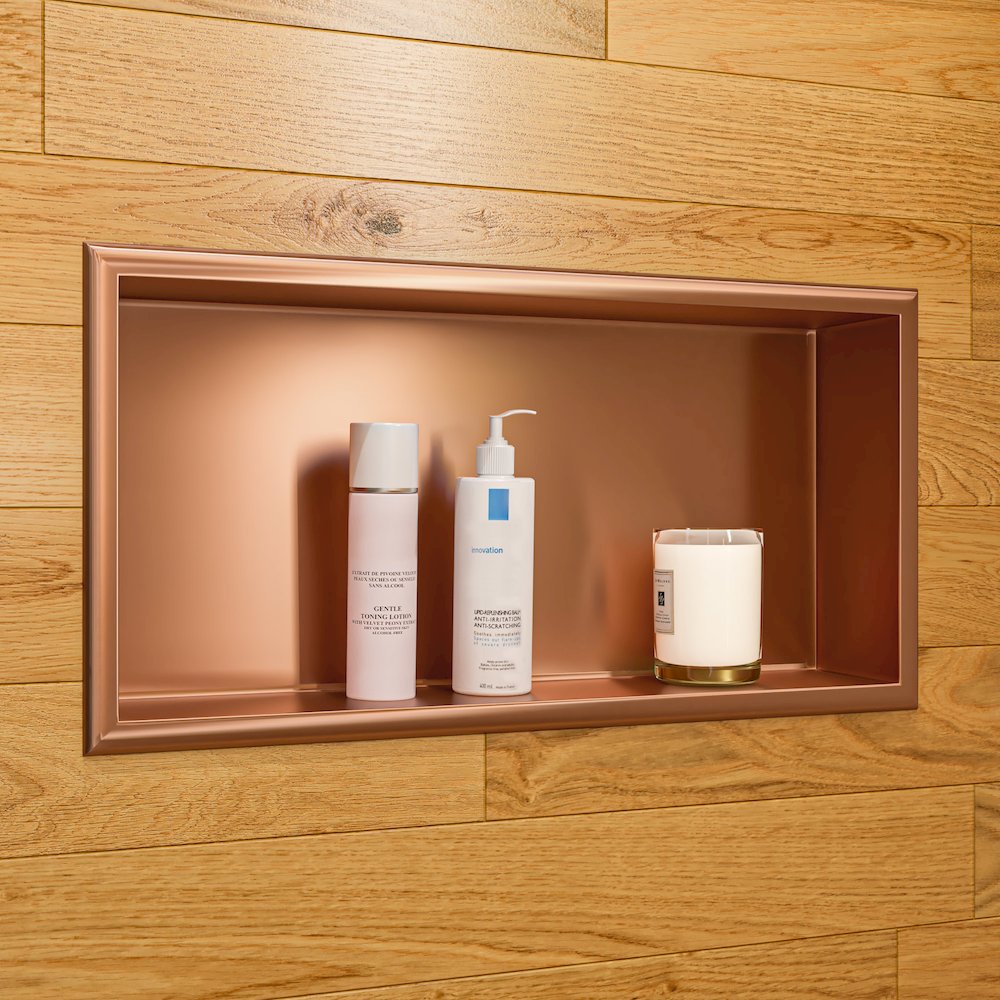 Brushed Copper PVD Stainless Steel Horizontal Single Shelf Shower Niche. Picture 2