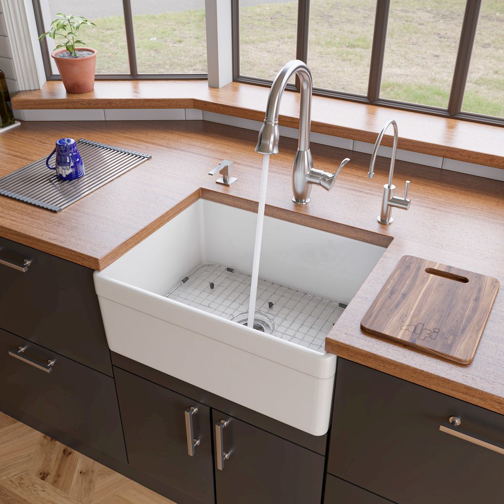 White 26" Decorative Lip Apron Single Bowl Fireclay Farmhouse Kitchen Sink. Picture 2