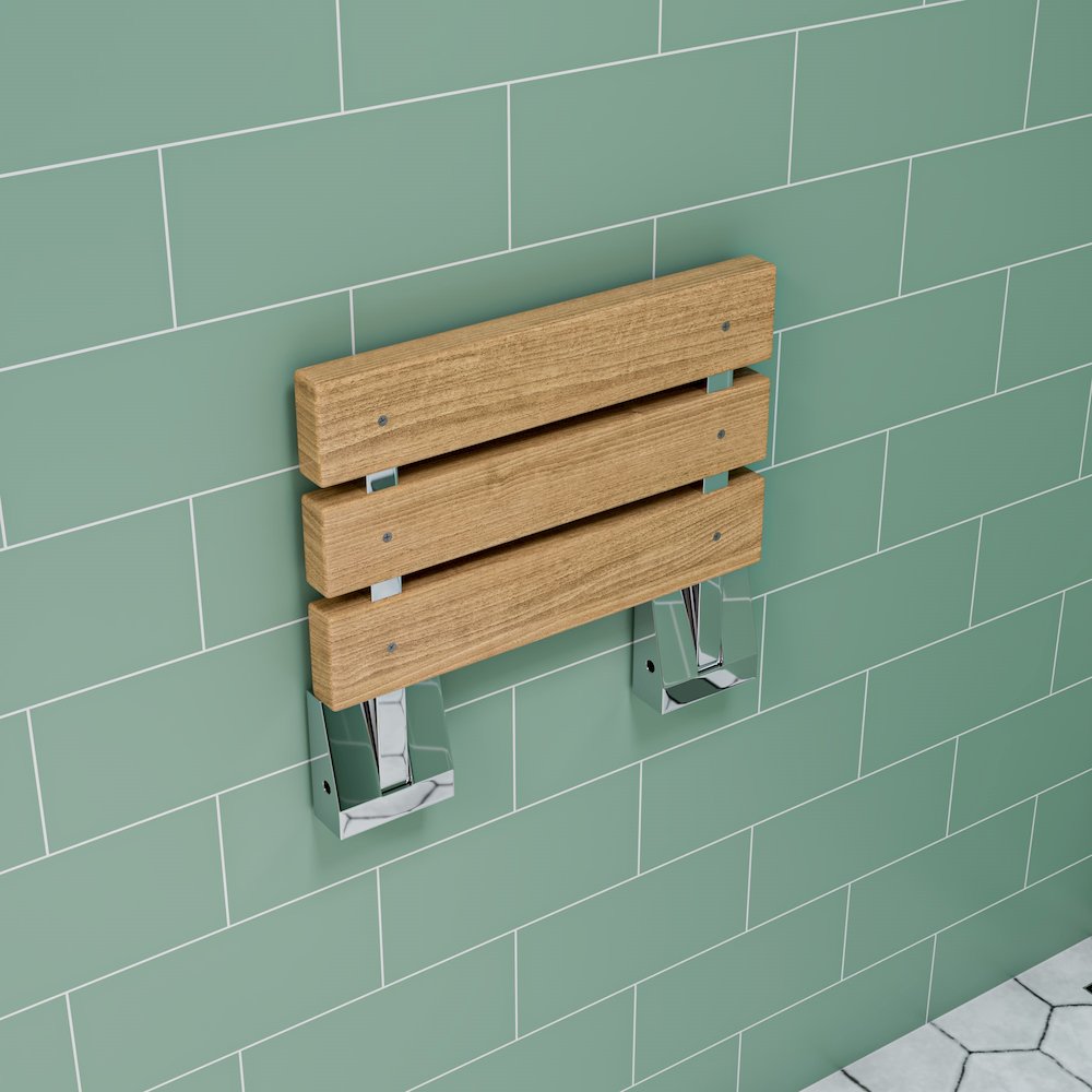 Polished Chrome 16" Folding Teak Wood Shower Seat Bench. Picture 7