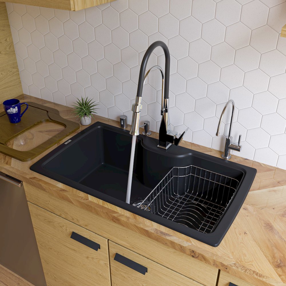 Black 35" Drop-In Single Bowl Granite Composite Kitchen Sink. Picture 2