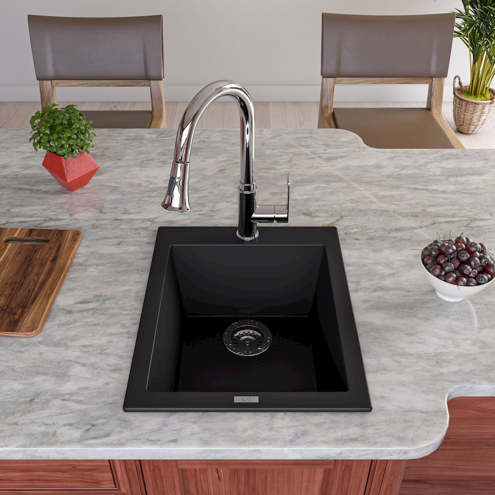 Black 17" Drop-In Rectangular Granite Composite Kitchen Prep Sink. Picture 3
