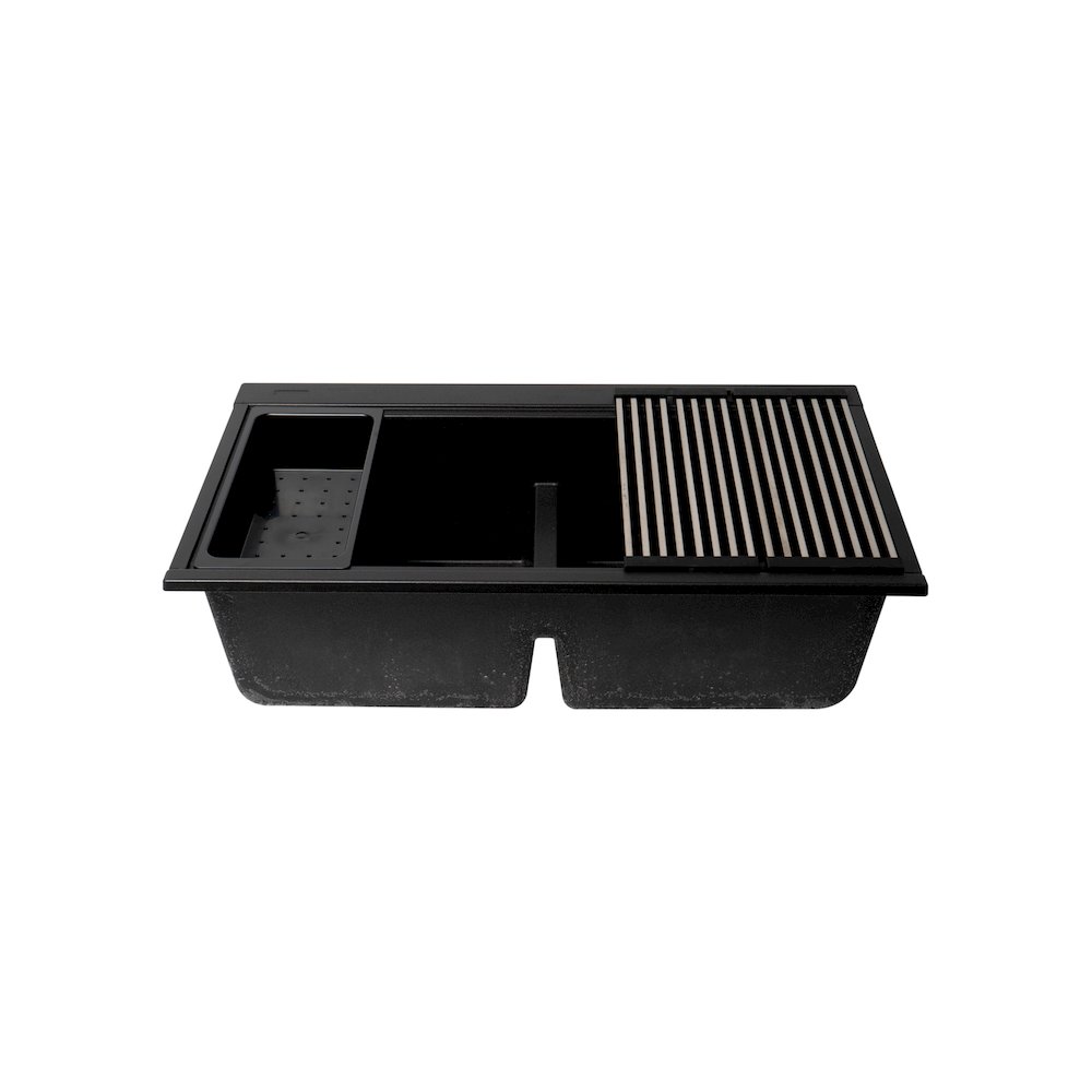 Black 33" Granite Composite Workstation Step Rim Double Bowl Undermount Sink. Picture 1