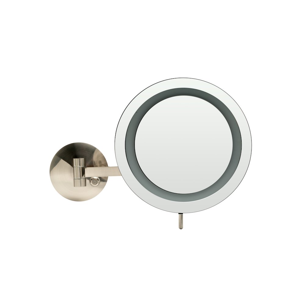 Brushed Nickel Wall Mount Round 9" 5x Magnifying Cosmetic Mirror with Light. Picture 2