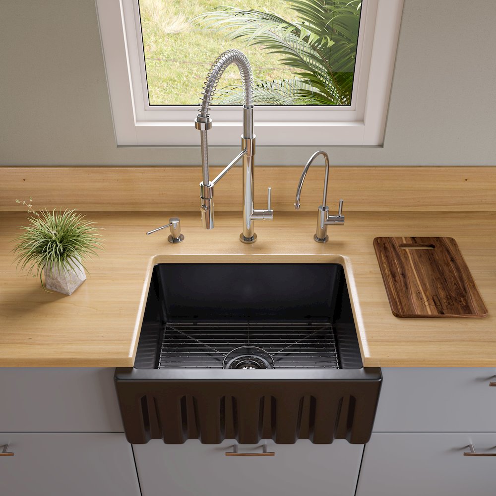 24" Black Gloss Reversible Smooth / Fluted Single Bowl Fireclay Farm Sink. Picture 7
